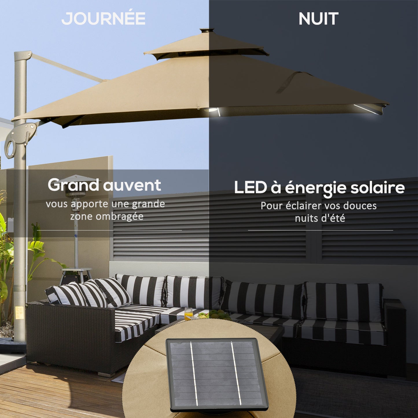 3 x 3(m) Cantilever Umbrella Power Bank Solar Cold Light Khaki