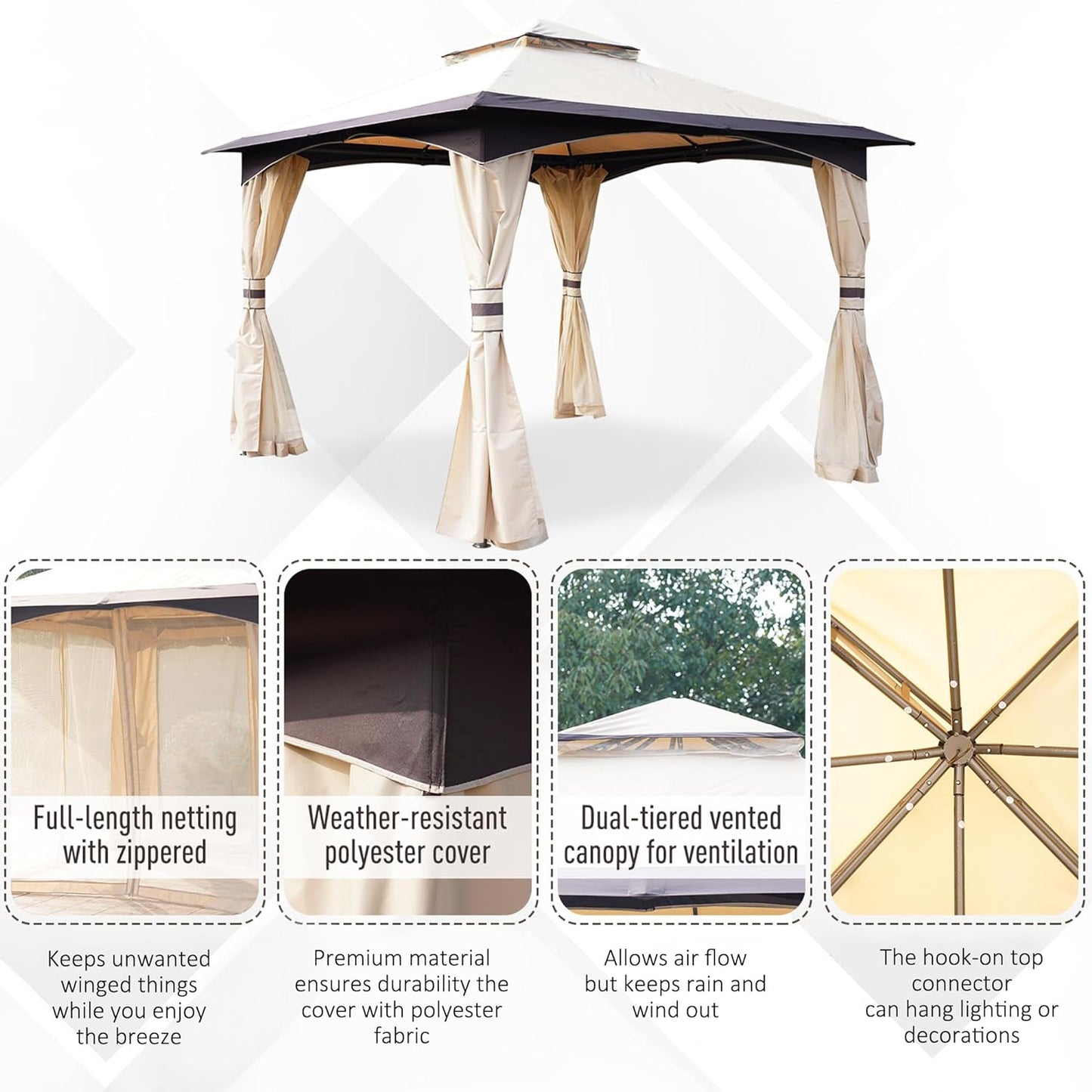 3.2 x 3.2m Garden Gazebo, Double Roof Outdoor Gazebo Canopy Shelter with Netting,