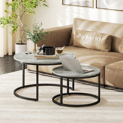 2 Pcs Stacking Coffee Table Set Steel Frame, Marble Grey