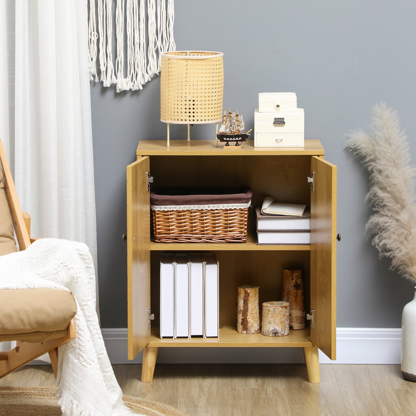 Vintage Storage Cabinet with Double Chevron Doors and Pine Wood Legs, Side Cabinet, Natural Wood Effect