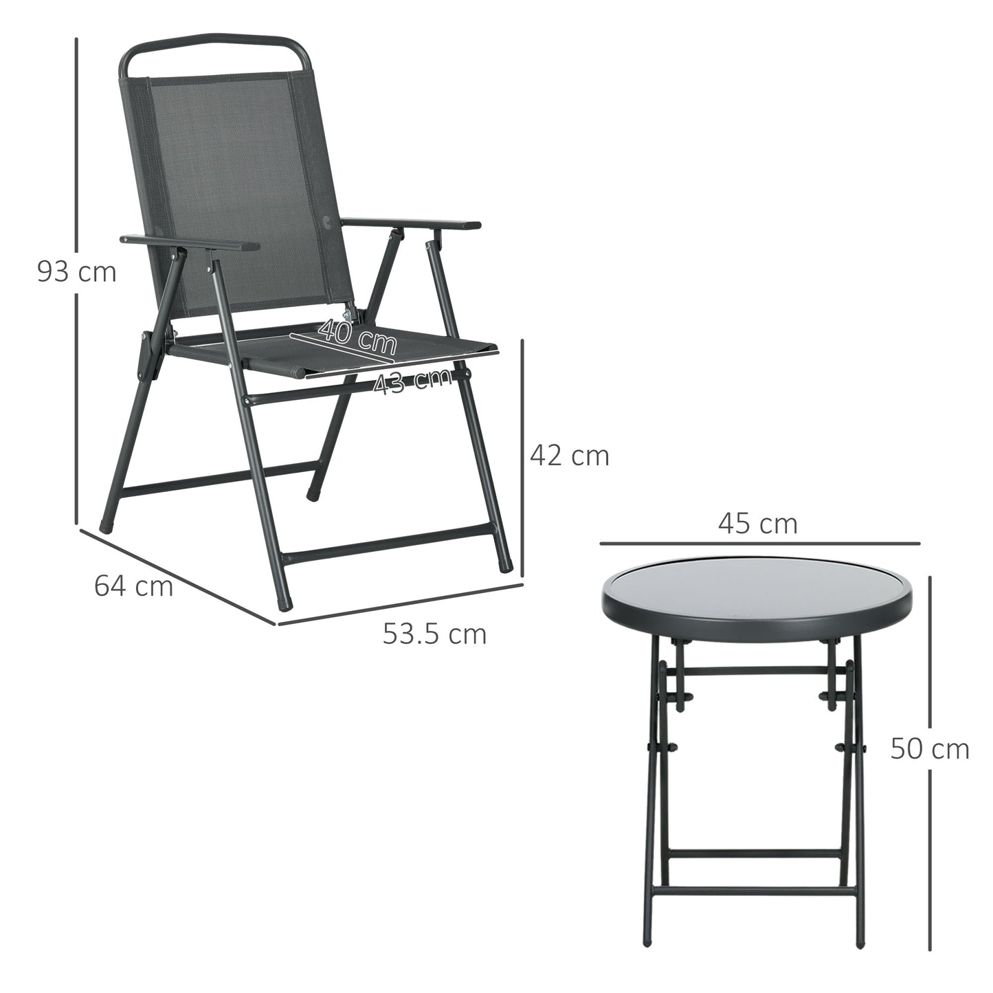 Patio Bistro Set Folding Chairs & Coffee Table for Balcony, Dark Grey