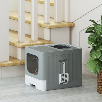 Foldable Cat Litter Box with Lid, Slide-Out Drawer, Grey