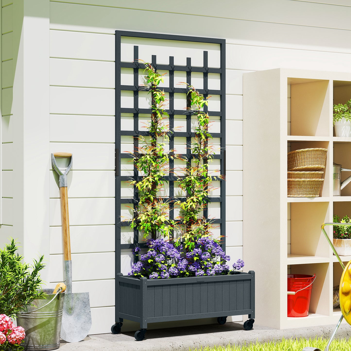 Wooden Trellis Planter, Raised Garden Bed with Wheels, Grey