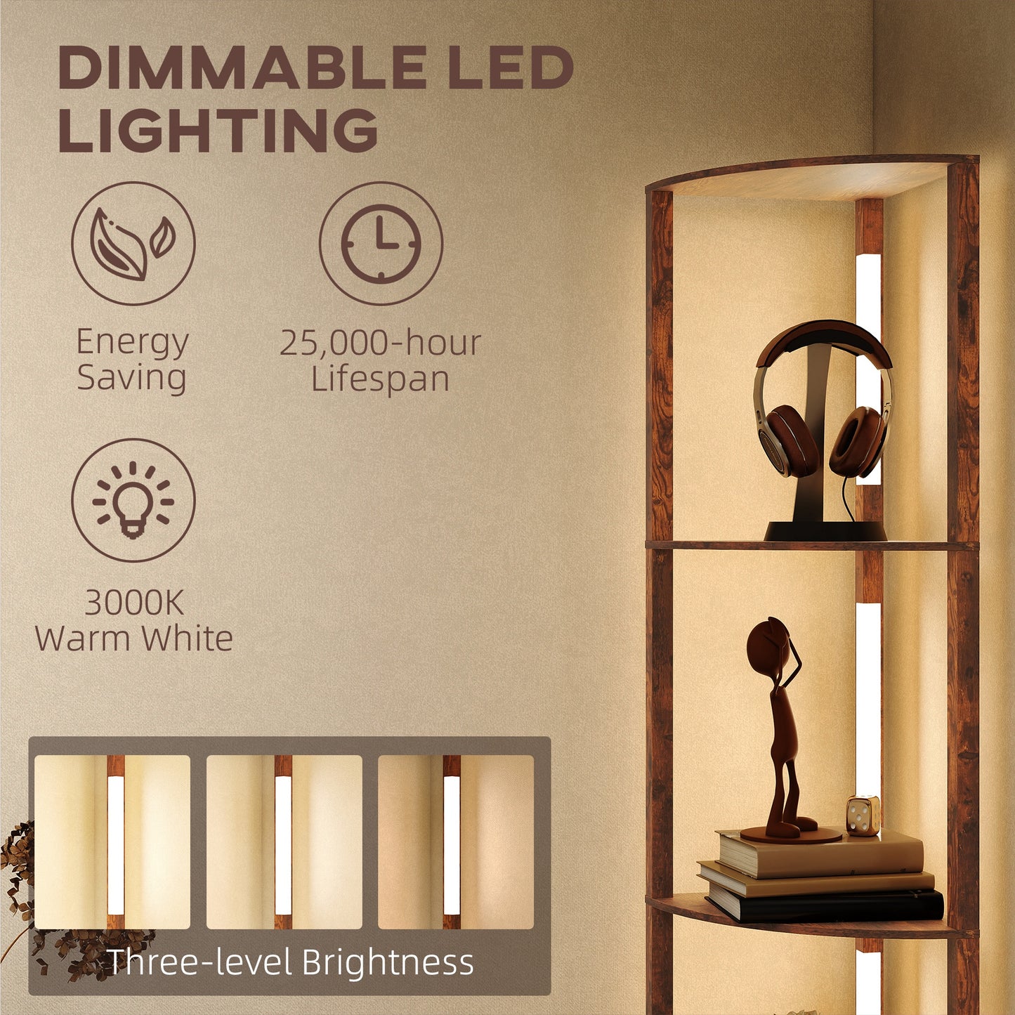 Corner Floor Lamp with Dimmable Warm White LED Light, Rustic Brown