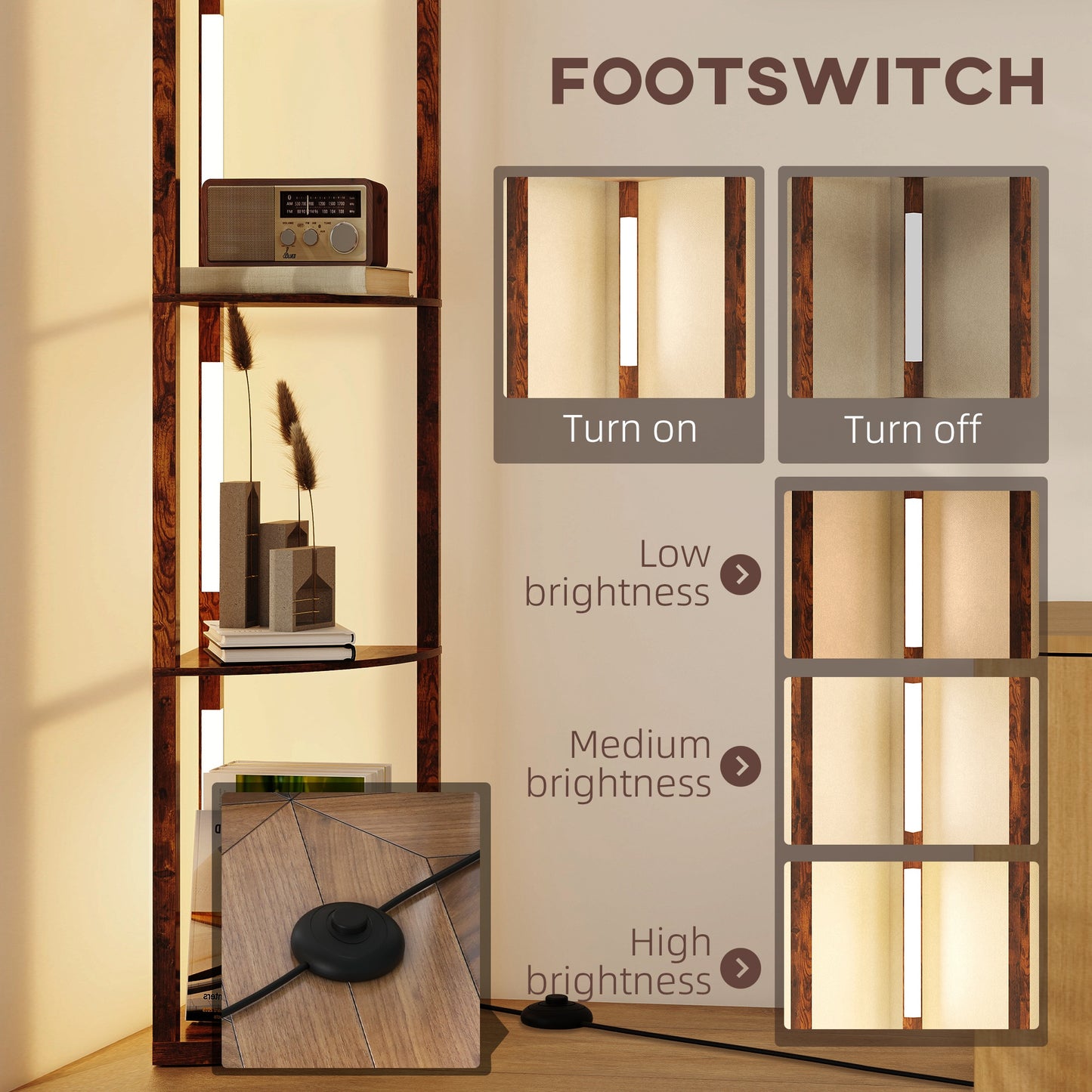 Corner Floor Lamp with Dimmable Warm White LED Light, Rustic Brown