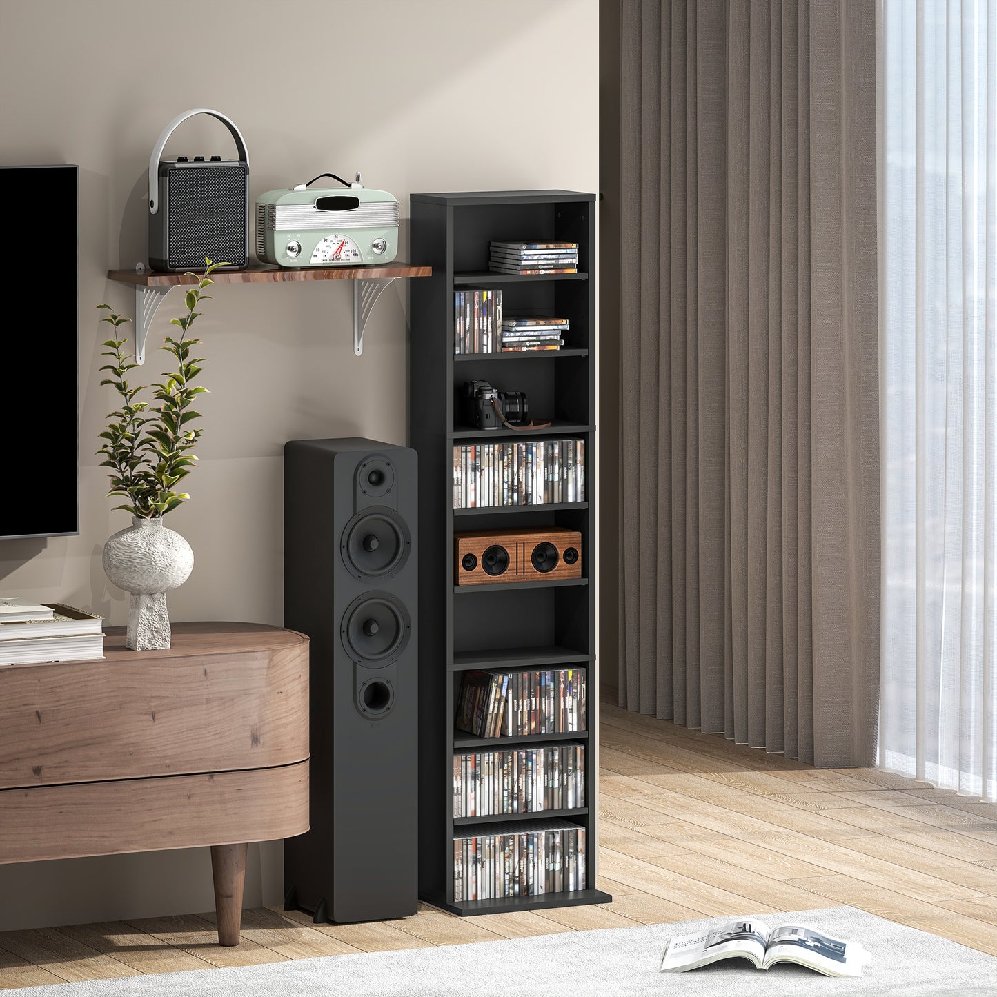 260 CD Storage Unit 120 DVD Storage Tower with 9 Compartments Black