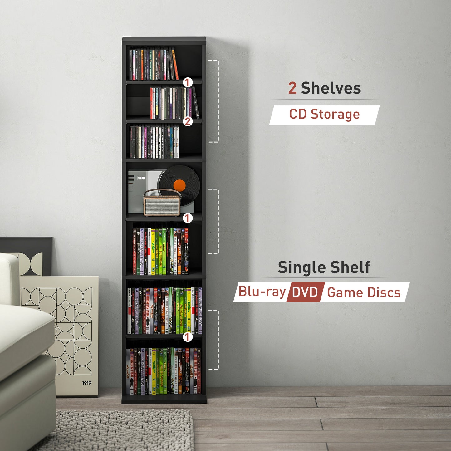 260 CD Storage Unit 120 DVD Storage Tower with 9 Compartments Black