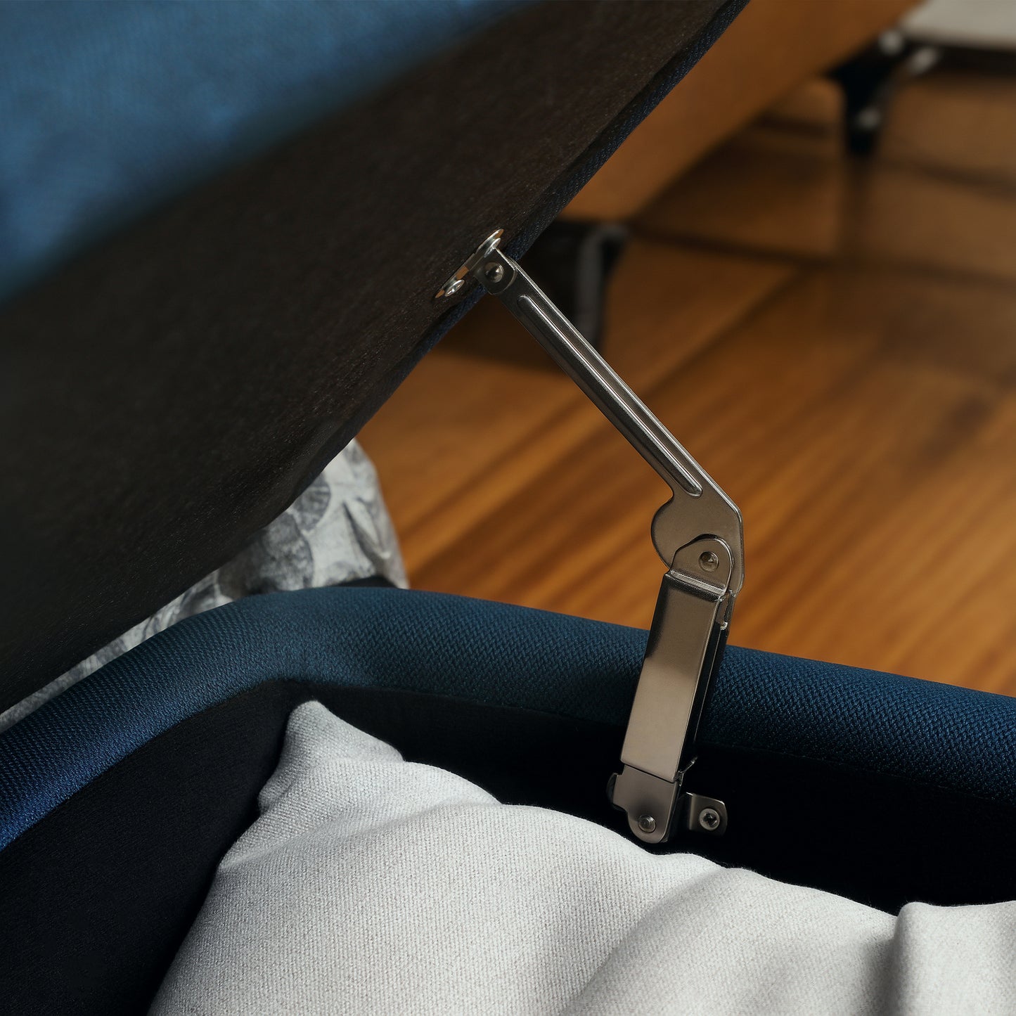 Storage Ottoman Bench, Linen Fabric Footstool with Steel Legs Blue