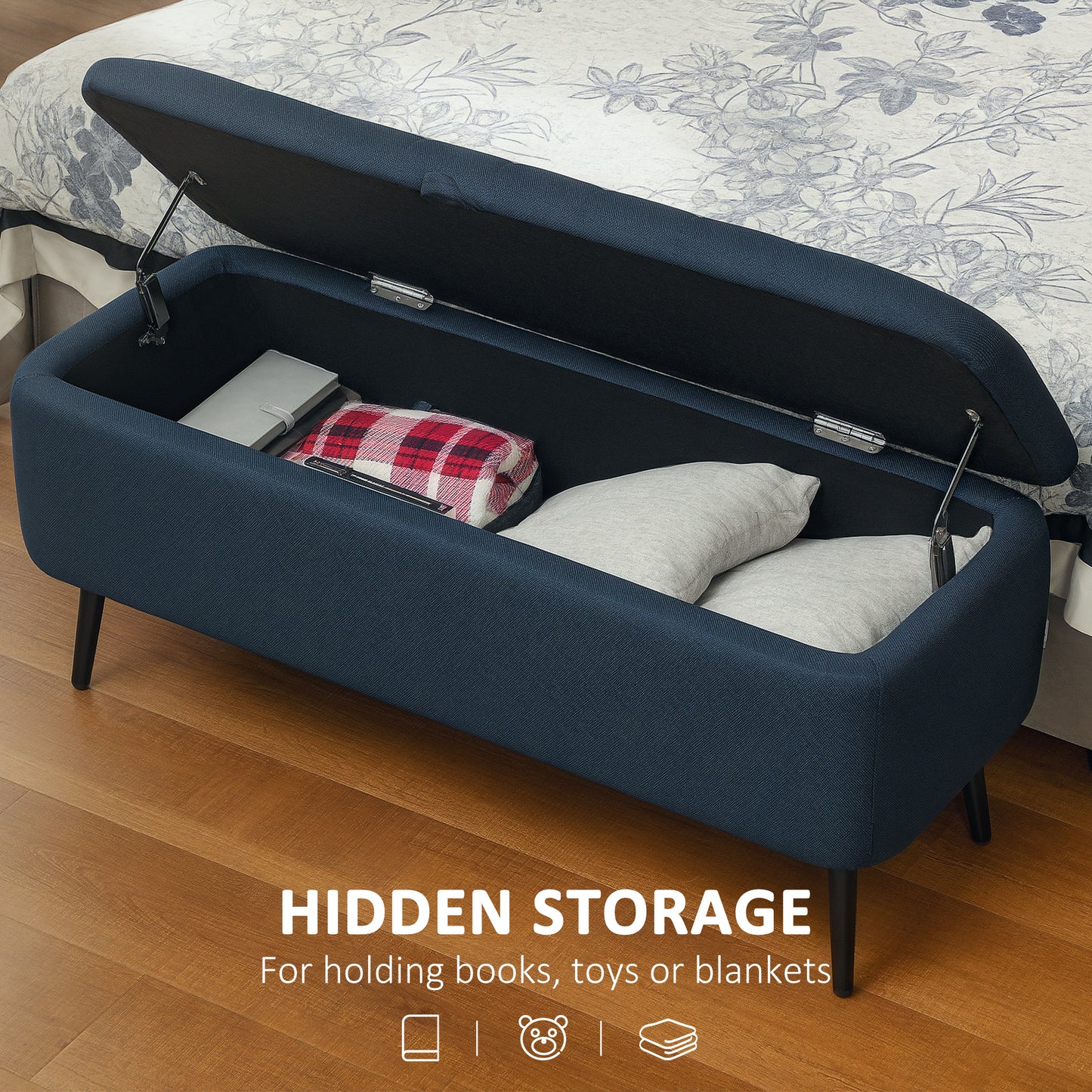 Storage Ottoman Bench, Linen Fabric Footstool with Steel Legs Blue