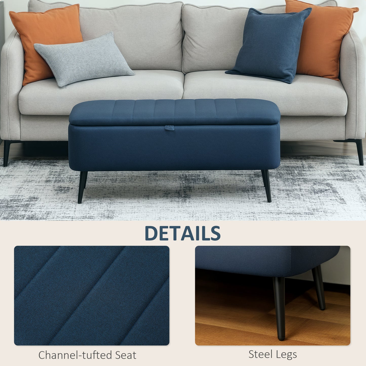 Storage Ottoman Bench, Linen Fabric Footstool with Steel Legs Blue