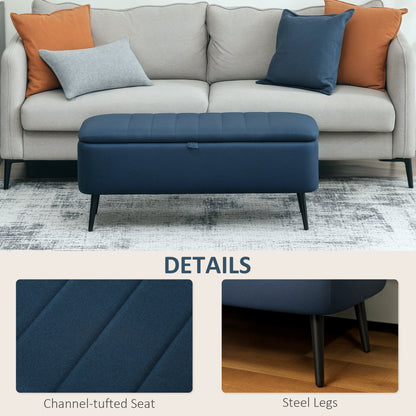 Storage Ottoman Bench, Linen Fabric Footstool with Steel Legs Blue