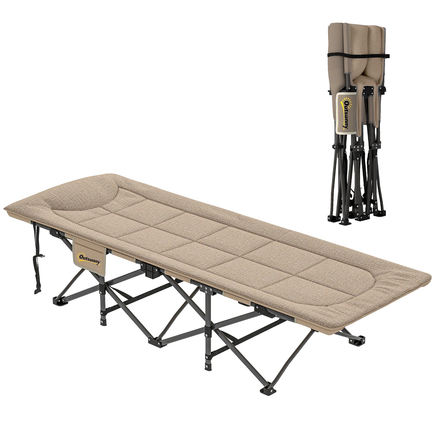 Camping Bed for Adults with Cushion, Headrest, Side Pocket, Khaki