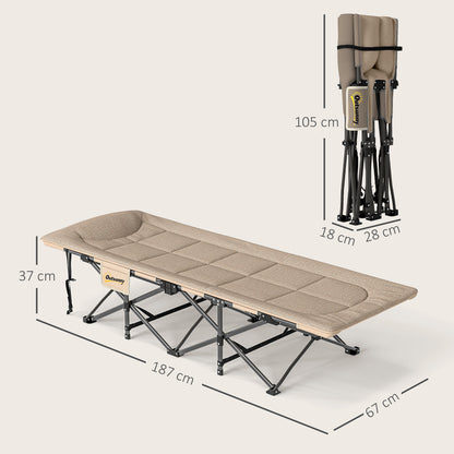 Camping Bed for Adults with Cushion, Headrest, Side Pocket, Khaki
