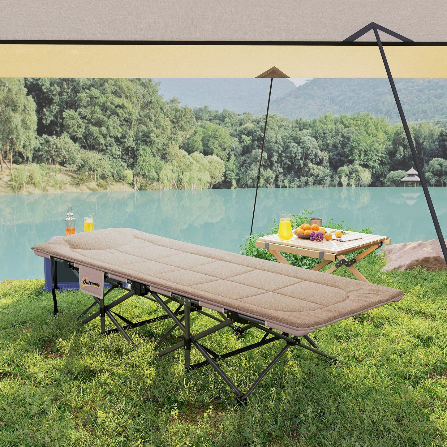 Camping Bed for Adults with Cushion, Headrest, Side Pocket, Khaki