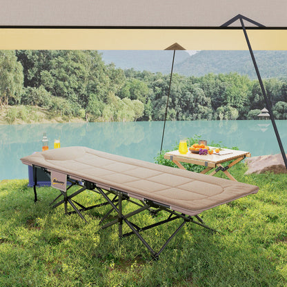 Camping Bed for Adults with Cushion, Headrest, Side Pocket, Khaki