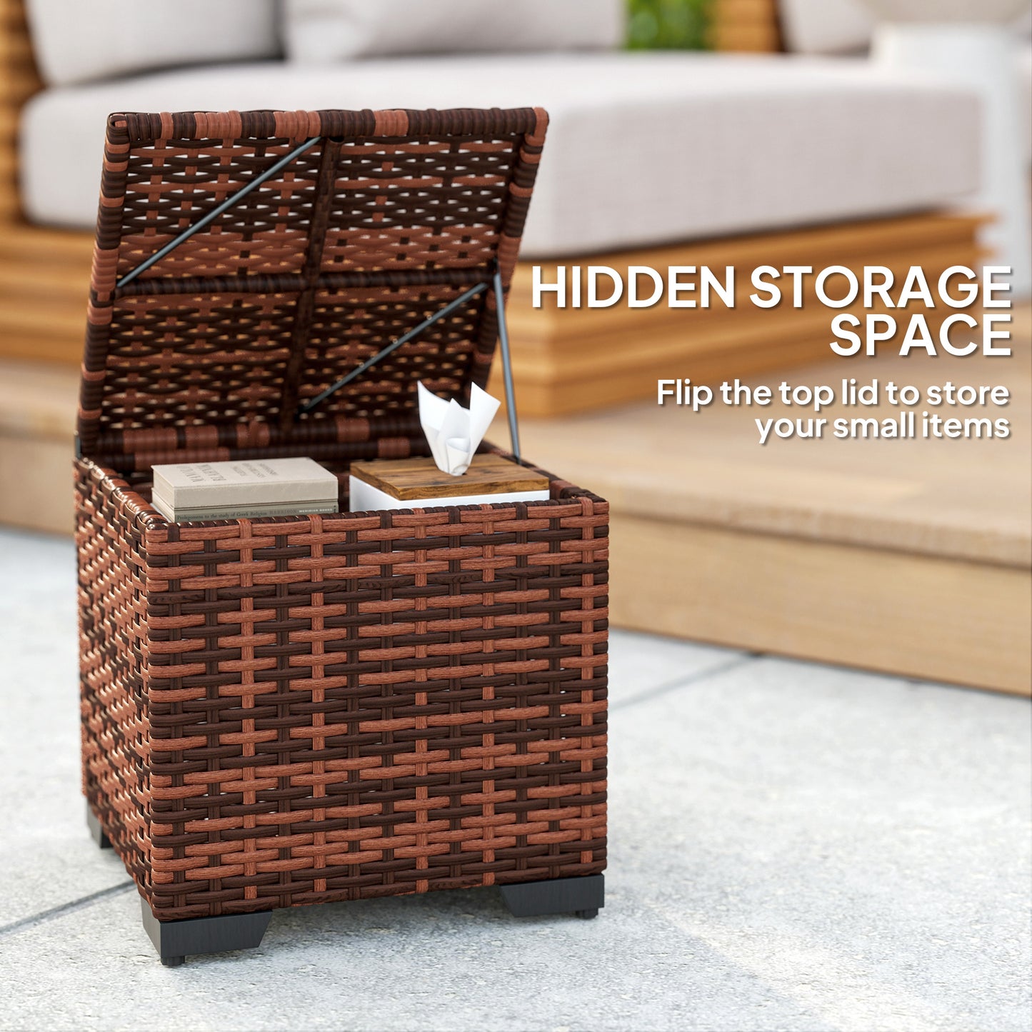 Set of 2 Rattan Footstool, Storage Ottoman w/ Cushions, Beige