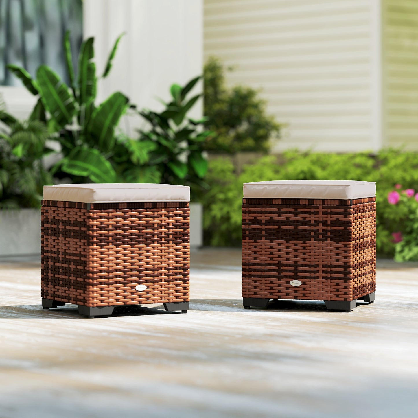 Set of 2 Rattan Footstool, Storage Ottoman w/ Cushions, Beige