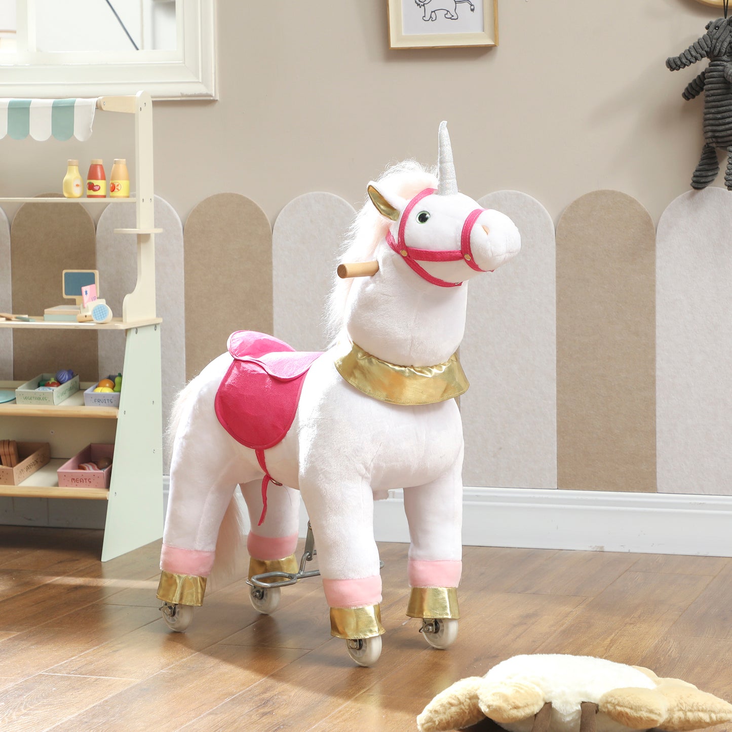 Kids Rocking Horse, Plush Ride On Unicorn Toy with Wheels, White
