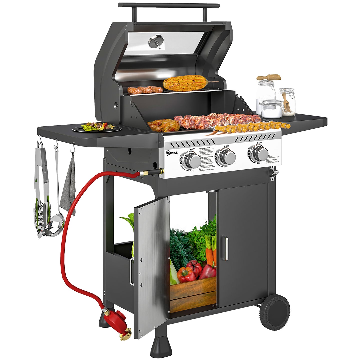 3 Burner Propane Gas BBQ Grill with See-through Lid and Thermometer