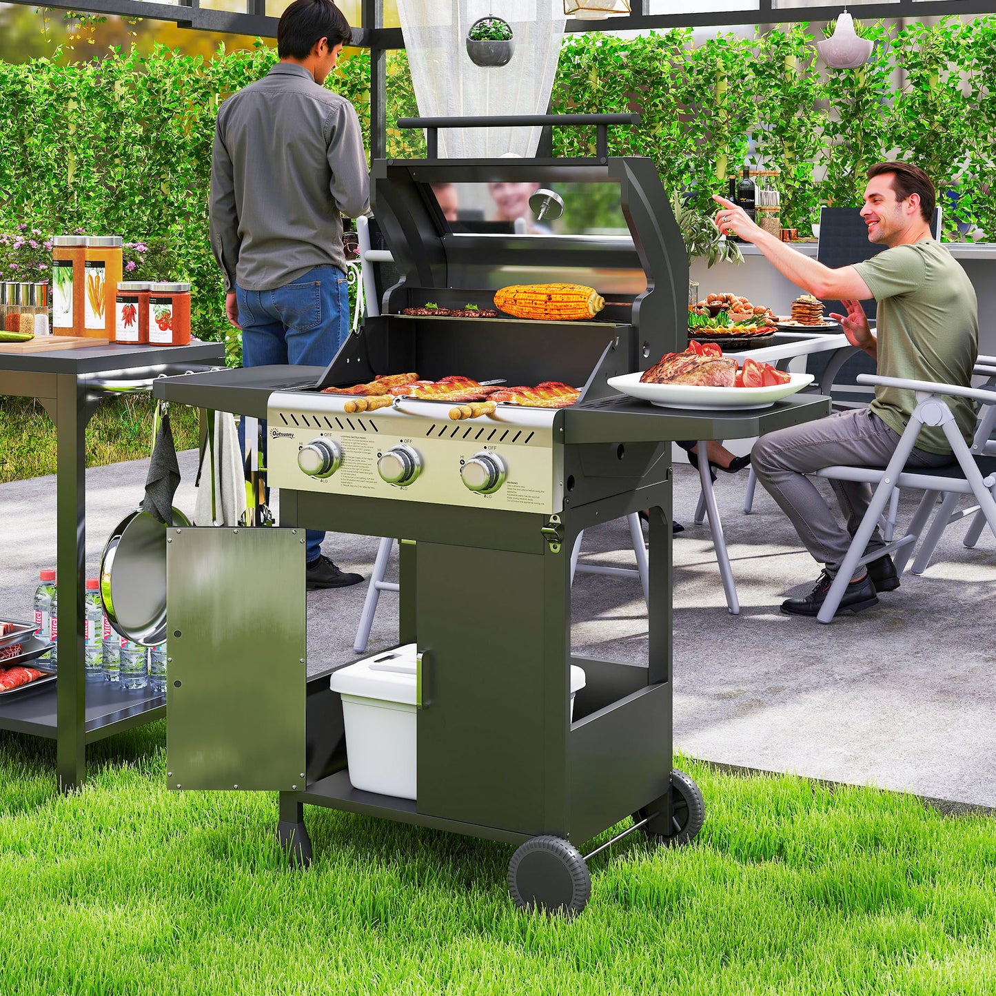 3 Burner Propane Gas BBQ Grill with See-through Lid and Thermometer