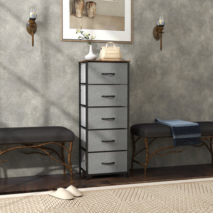 5 Drawer Fabric Chest of Drawers with Wooden Top, Rustic Brown