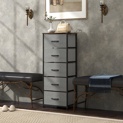 5 Drawer Fabric Chest of Drawers with Wooden Top, Rustic Brown
