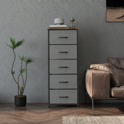 5 Drawer Fabric Chest of Drawers with Wooden Top, Rustic Brown