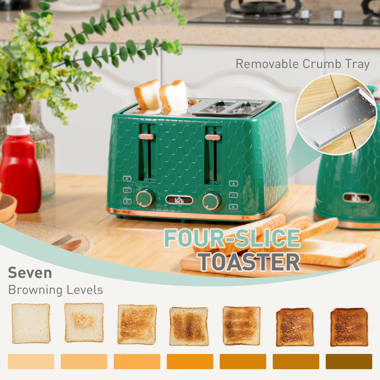 1.7L Kettle and Toaster Set with Defrost Reheat and Crumb Tray Green