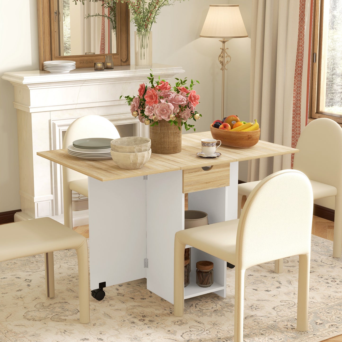 Foldable Dining Table, Drop Leaf Table with Storage for Kitchen, Oak