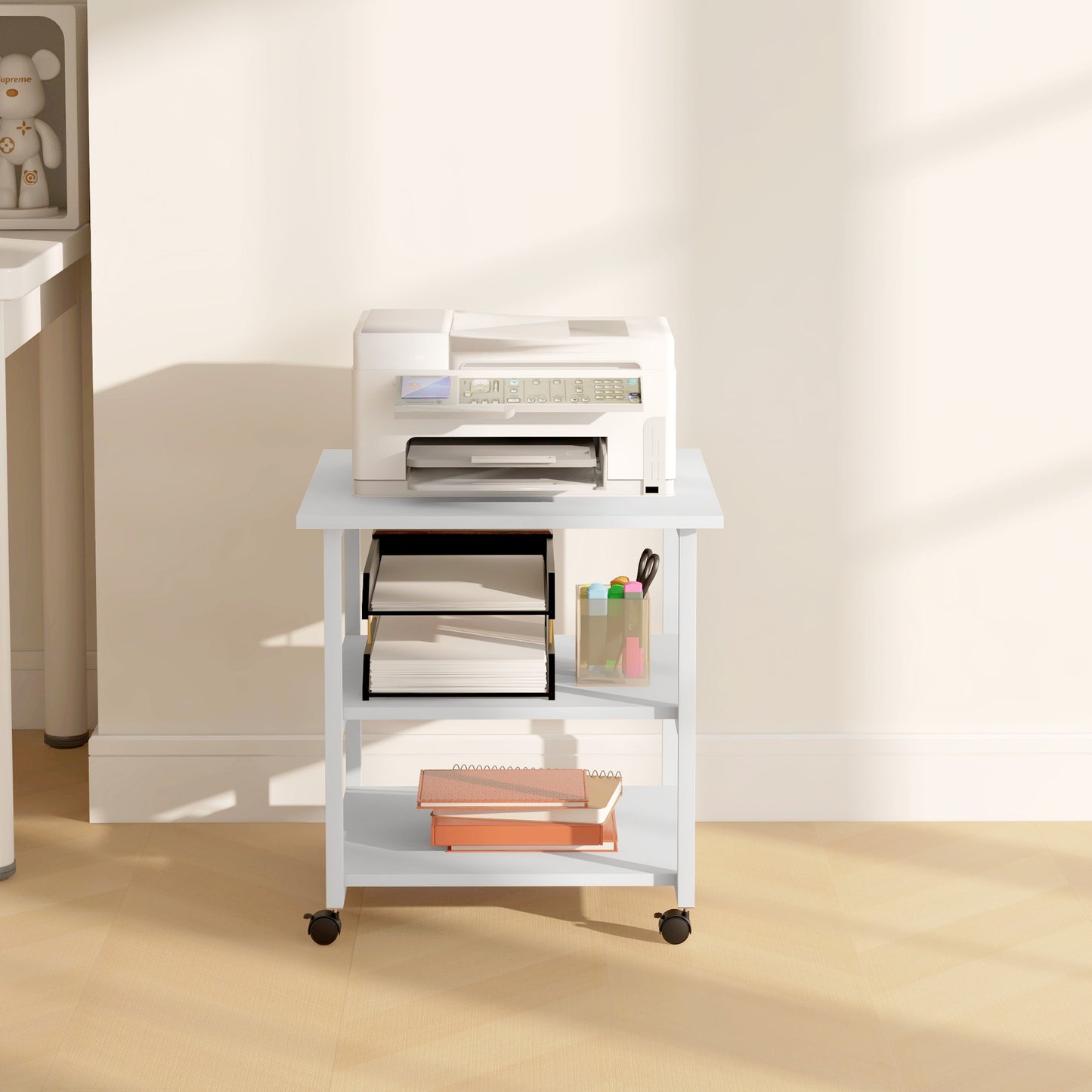 Mobile Printer Stand with Storage Printer Table for Home Office White