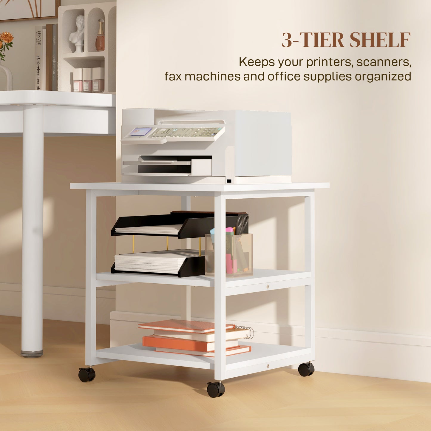 Mobile Printer Stand with Storage Printer Table for Home Office White