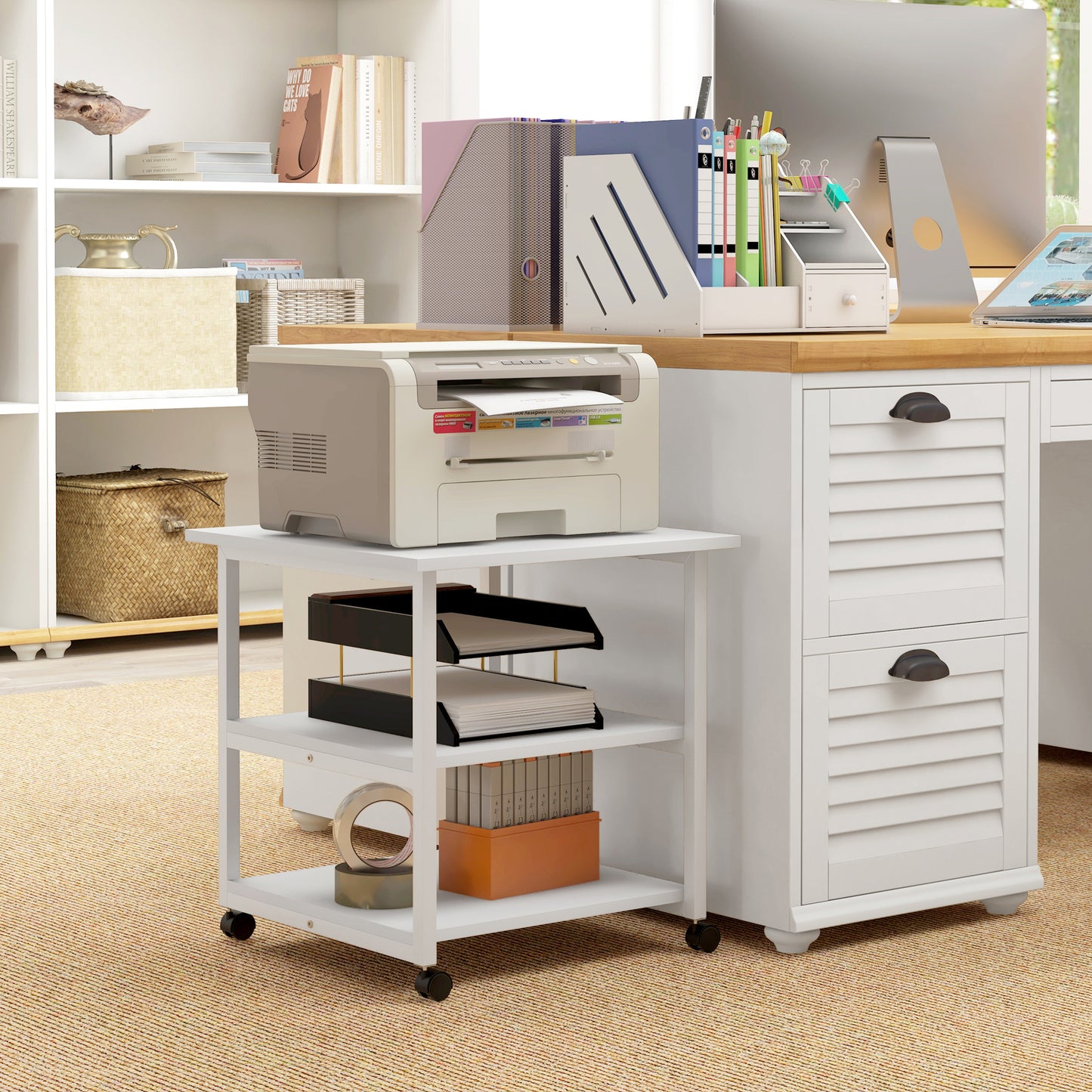Mobile Printer Stand with Storage Printer Table for Home Office White