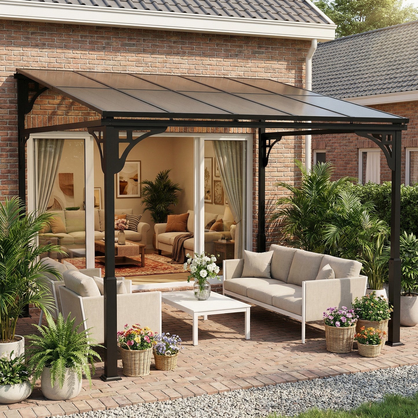 3 x 2.87 m Metal Lean-to Hardtop Gazebo, Wall-Mounted Pergola