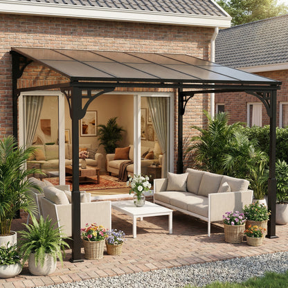 3 x 2.87 m Metal Lean-to Hardtop Gazebo, Wall-Mounted Pergola