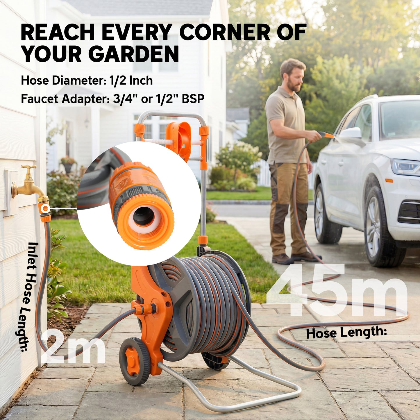 Hose Reel Cart with Wheels, 45+2m Garden Hose Reel, Orange