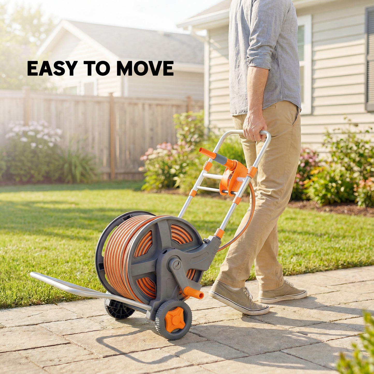 Hose Reel Cart with Wheels, 45+2m Garden Hose Reel, Orange