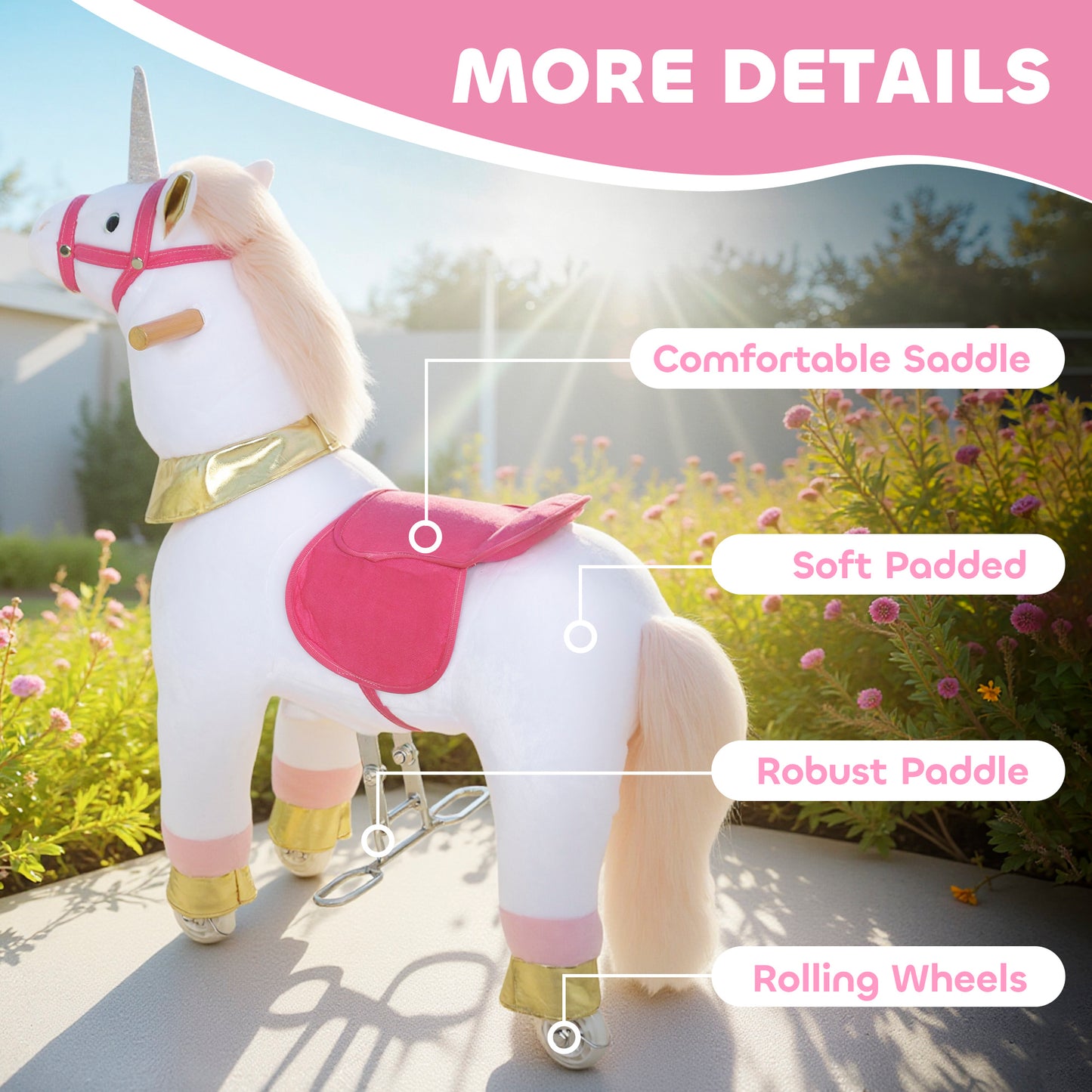 Kids Rocking Horse, Plush Ride On Unicorn Toy with Wheels, White