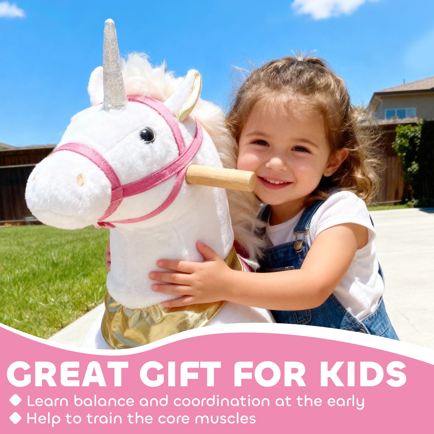 Kids Rocking Horse, Plush Ride On Unicorn Toy with Wheels, White