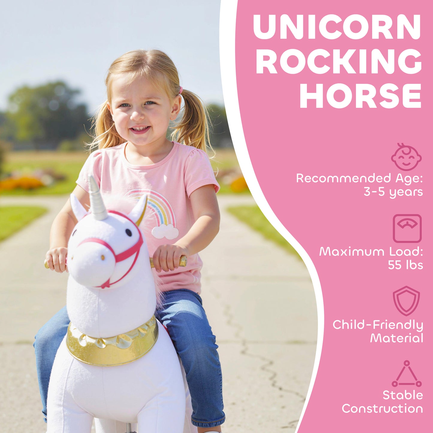 Kids Rocking Horse, Plush Ride On Unicorn Toy with Wheels, White