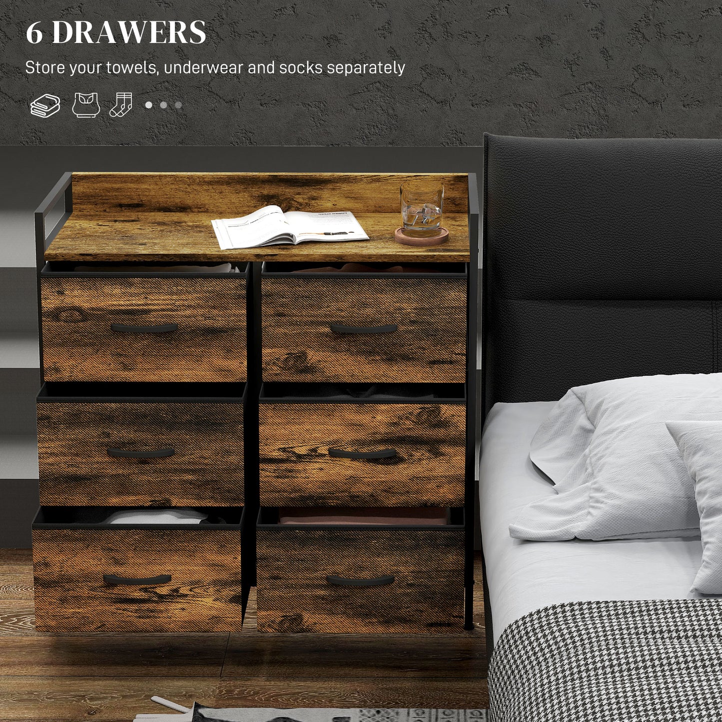 Bedroom Chest of Drawers 6 Drawer Dresser w/ Shelf, Rustic Brown