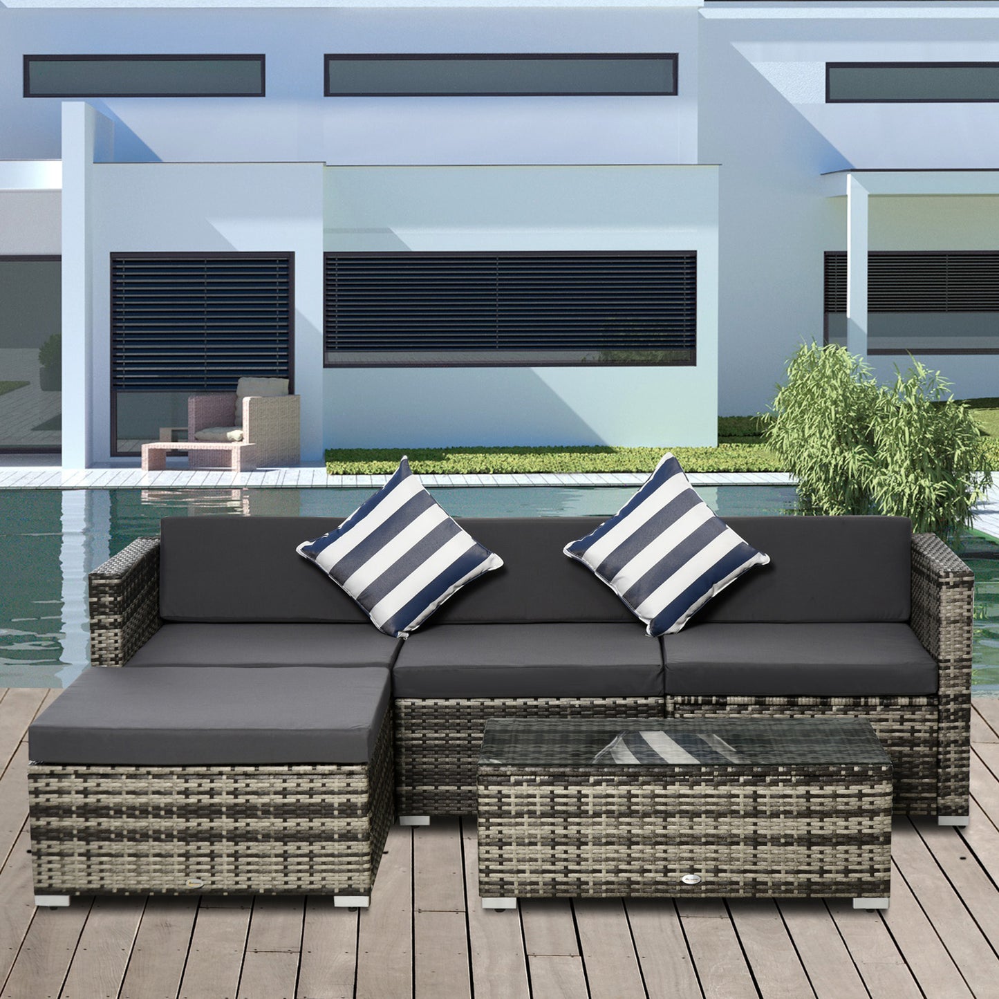 4-Seater Garden Rattan Furniture Set, Outdoor Sectional Conversation PE Rattan Set, with Cushions Pillows and Glass Table, Mixed Grey