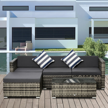 4-Seater Garden Rattan Furniture Set, Outdoor Sectional Conversation PE Rattan Set, with Cushions Pillows and Glass Table, Mixed Grey