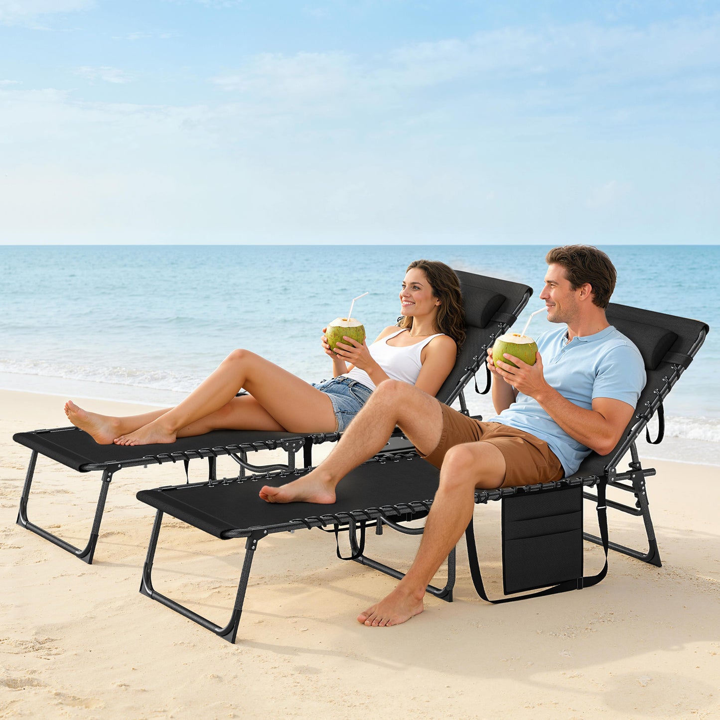 Folding Sun Loungers with 5-Level Back, Cup Holder, Black