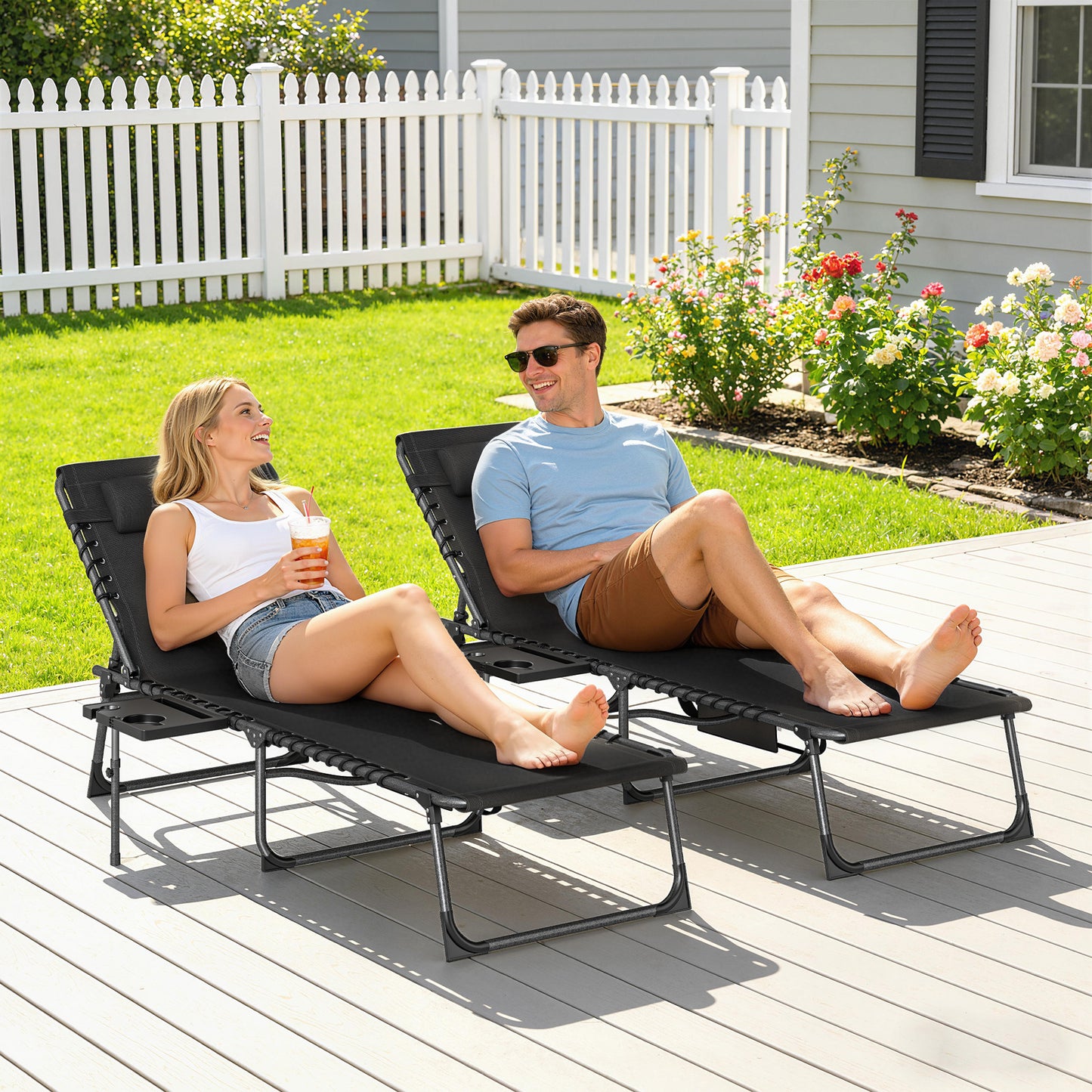 Folding Sun Loungers with 5-Level Back, Cup Holder, Black