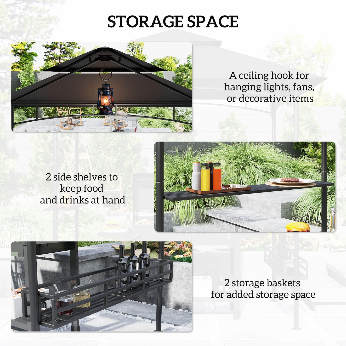 8' x 5' Grill Gazebo Canopy with 2 Side Shelves, Hook, Dark Grey