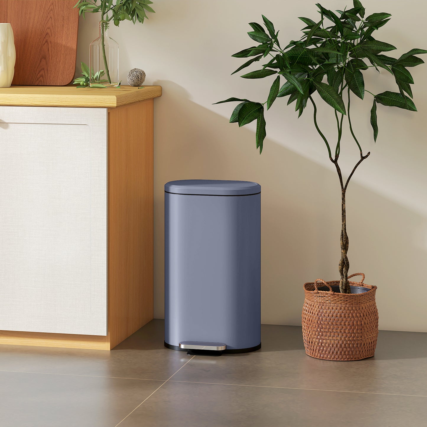 Slim Rectangular Pedal Bin with Soft-Close Lid, 30L Kitchen Bin, Grey