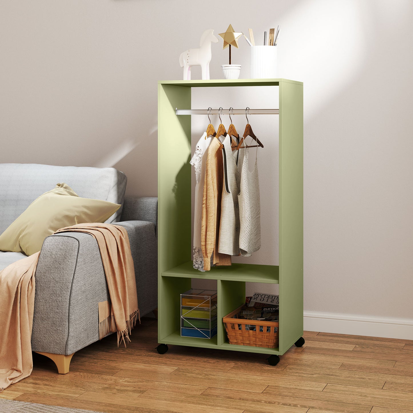 Open Wardrobe Clothes Rail Bedroom Clothes Storage Rod Shelves Green