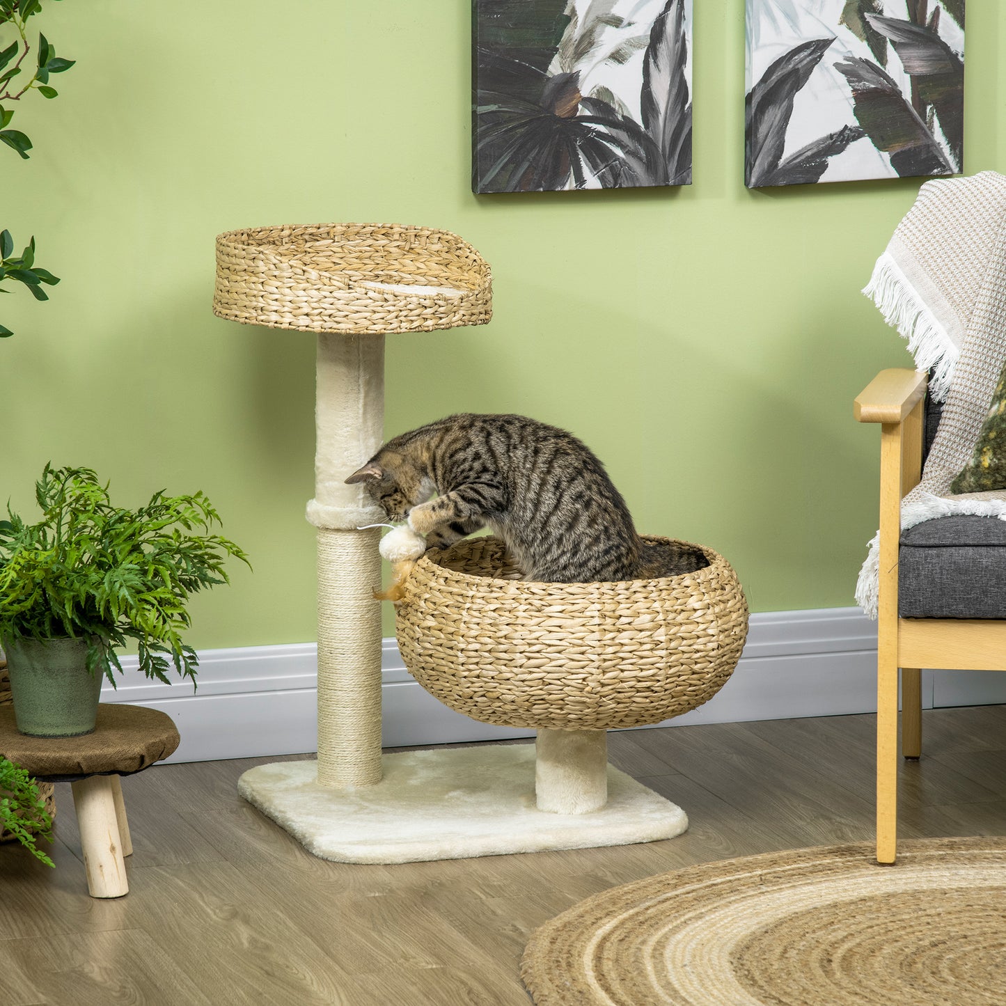 72cm Cat Tree Kitten Tower with 2 Beds Scratching Post Toy Ball Beige
