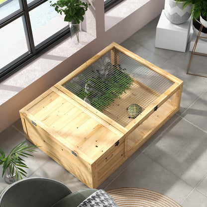 Tortoise House w/ Mesh Roof, Small Pet Reptile Wooden House - Yellow