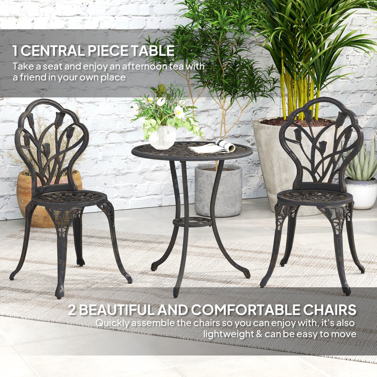 3 Piece Bistro Set, Aluminium Garden Furniture with Umbrella Hole